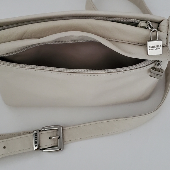 Perlina New York Logo Soft Cream Leather Crossbody Bag - Picture 6 of 10